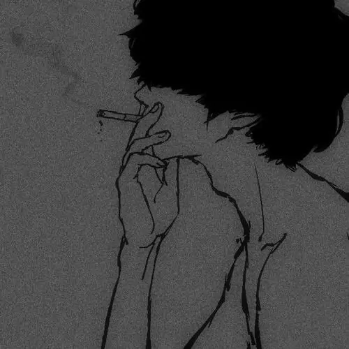 33 Hình anime nam suy gương mặt cậu trai tóc xù chỉ hiện bằng nét chì xám, điếu thuốc kẹp nơi môi và bàn tay đưa lên làm không khí trong ảnh trở nên bức bối