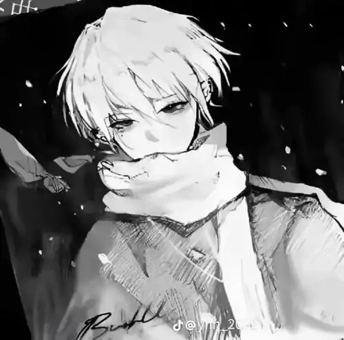 34 Chàng trai tóc sáng quàng khăn lớn cúi đầu trong nền tuyết lấm tấm, phần áo khoác dày và ánh mắt lạc đi làm avatar nam buồn trắng đen thêm rét và trầm