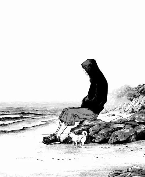 35 Ảnh truyện tranh Nhật bóng người mặc đồ tối ngồi co trên bãi đá sát mép nước, khoảng trời và mặt biển trắng nhạt làm dáng cô độc càng lộ rõ