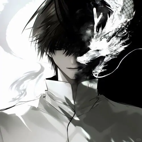 36 Chân dung nửa mặt chàng trai tóc đen bị bóng tối cắt ngang, làn khói trắng tạt qua gò má và cổ áo tạo cảm giác lạnh lẽo rất hợp hình anime buồn
