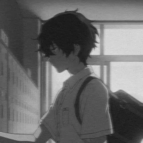 39 Hình vẽ anime trắng đen chàng trai đứng nghiêng trong căn phòng xám, ánh sáng cửa sổ hắt qua vai và má khiến dáng người mỏng đi giữa không khí rất lặng