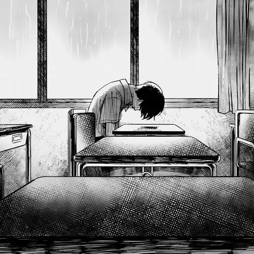 6 Một chàng trai gục trên mép giường cạnh khung cửa sổ mờ sáng, căn phòng đen trắng vắng hẳn người khiến hình anime buồn này mang cảm giác kiệt sức sau một đêm dài