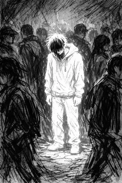 1 Ảnh anime trắng đen chàng trai áo sáng đứng lọt giữa đám người tối đen, đầu cúi nhẹ trong khung hẹp khiến cảm giác cô độc và buồn lạnh hiện ra rất rõ