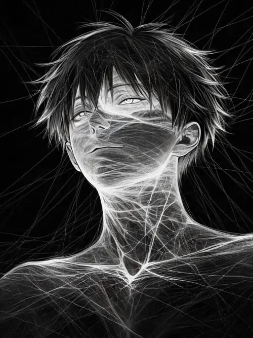 9 Khung hình manga buồn gương mặt cậu trai tóc đen hiện lên bằng những đường sáng quấn quanh cổ và má, mắt nhìn thẳng trống rỗng giữa nền tối đặc