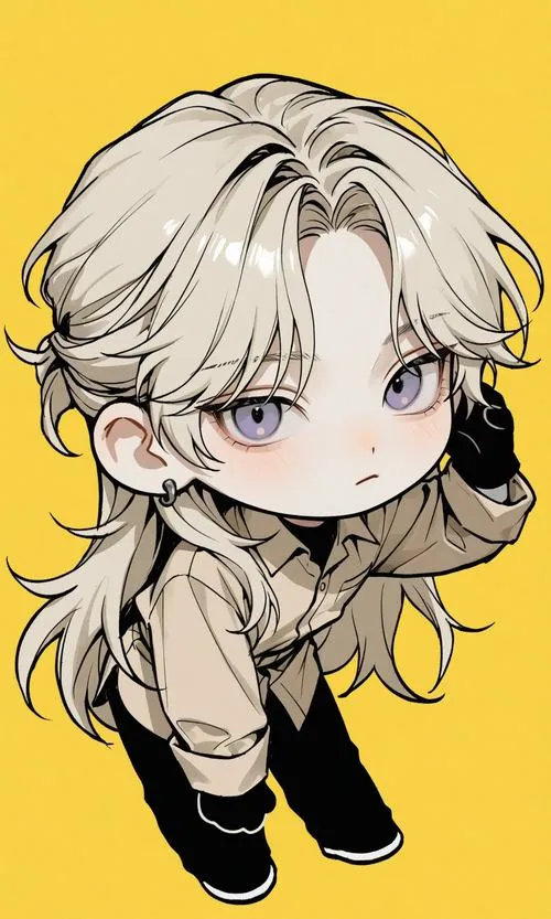 1 Hình nam tí hon tóc vàng sáng đứng hơi nghiêng trên nền vàng trơn, mắt xám mở to và áo be đen làm tổng thể trông HD, như một Bạch Dương nhỏ đang bước ra rất nhẹ