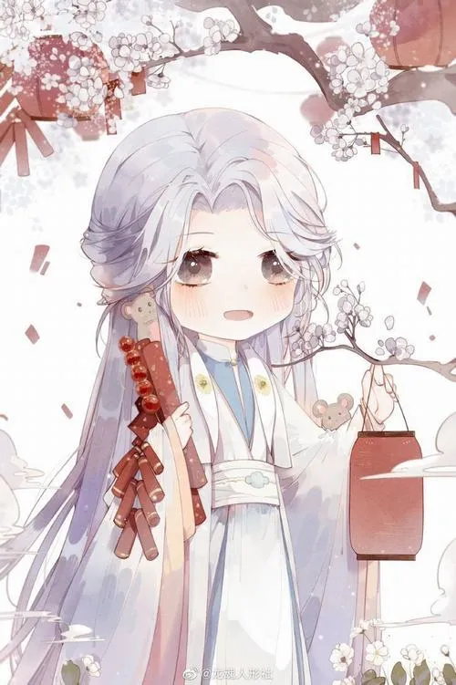 3 Tranh hoạt hình nam tí hon với mái tóc trắng dài, đứng yên dưới cành hoa hồng nhạt trong kimono đỏ mềm, khung dọc mang nhịp Thiên Bình dịu và rất cute