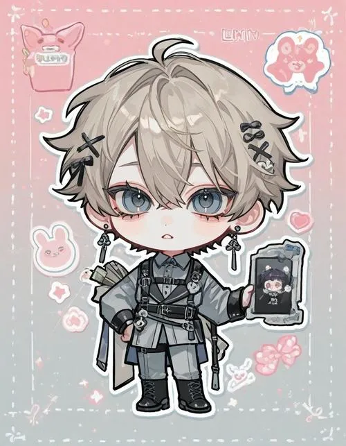 4 Ảnh anime nam siêu nhỏ cho thấy chàng trai tóc tro mặc đồ đen xám, cầm chiếc máy ảnh mini trước nền hồng, gương mặt ngơ ngác như một Xử Nữ chăm chút từng chi tiết