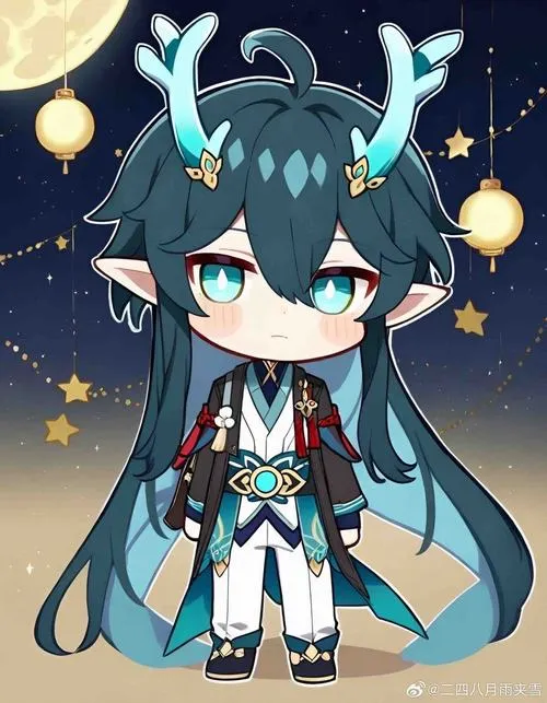 7 Hình vẽ nam nhân siêu nhỏ có cặp sừng xanh và tóc dài xanh đậm, đứng giữa nền đêm treo đèn sao lấp lánh, bố cục Ultra HD làm cảm giác Nhân Mã mơ mộng hiện lên