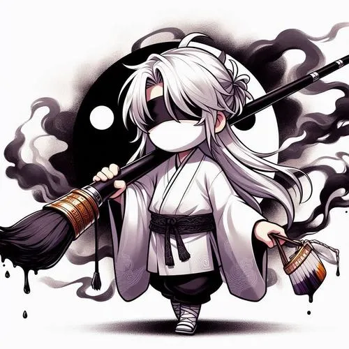 10 Hình nam tí hon tóc trắng pha tím ngồi thấp bên cây chổi lớn, áo trắng tay rộng và mực đen cuộn quanh nền sáng, vẻ này giống Song Ngư mộng nhiều hơn nói