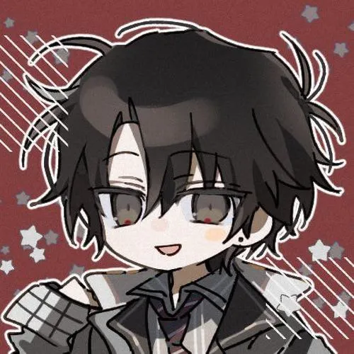 11 Ảnh anime nam chibi tóc đen rũ trước trán, mặc áo khoác xám tối và ngồi lệch vai trên nền đỏ nâu, nụ cười lửng khiến khung hình đẹp theo kiểu Bọ Cạp kín tiếng