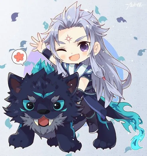 12 Hình vẽ trai đẹp cách điệu lùn với mái tóc tím nhạt bay ra sau, ngồi cạnh thú lông xanh đen mắt tròn, sắc xanh tím HD làm cảm giác Bảo Bình vừa lạ vừa thân