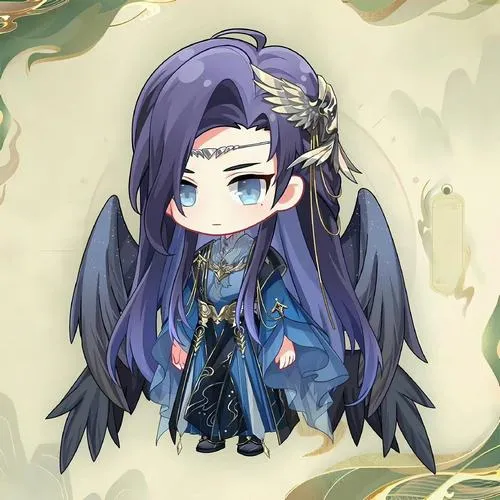 14 Tranh hoạt họa nam nhí cho thấy chàng trai tóc tím dài ngồi thẳng trong áo choàng lam đậm, mắt xanh nhìn nghiêng rất yên, màu nền nhạt giữ nhịp Cự Giải dịu và sâu