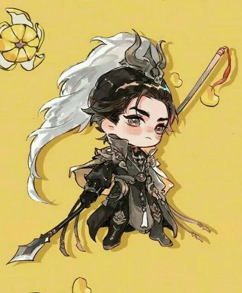 15 Hình họa nam phong cách tròn trịa với tóc đen điểm mảng trắng, tay cầm kiếm vàng trên nền vàng tươi, nét 4K làm gương mặt sáng lên như một Sư Tử đang vào cảnh