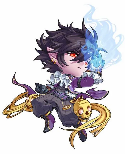 16 Ảnh anime nam siêu nhỏ tóc tím đen ôm ngọn lửa xanh bên vai, ngồi lệch trên nền trắng, dáng co gọn mà vẫn ngầu theo kiểu Bạch Dương thích bùng lên đúng lúc