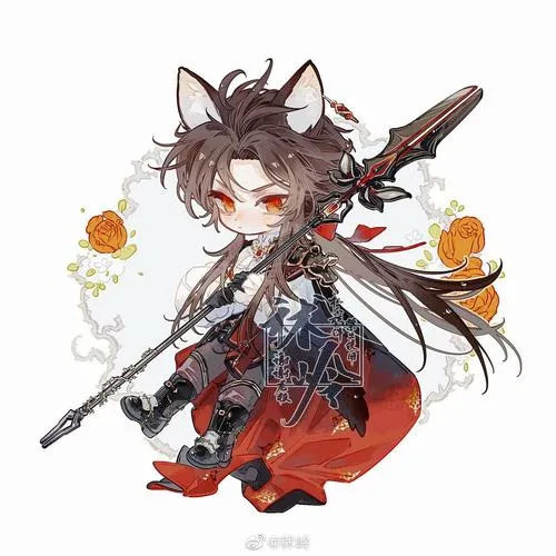 17 Hình nam tí hon tai sói tóc nâu bạc mặc đồ đỏ đen, ngồi nghiêng với thanh kiếm dài và vài cánh lá bay quanh, tông màu ấm cho cảm giác Nhân Mã ham dịch chuyển