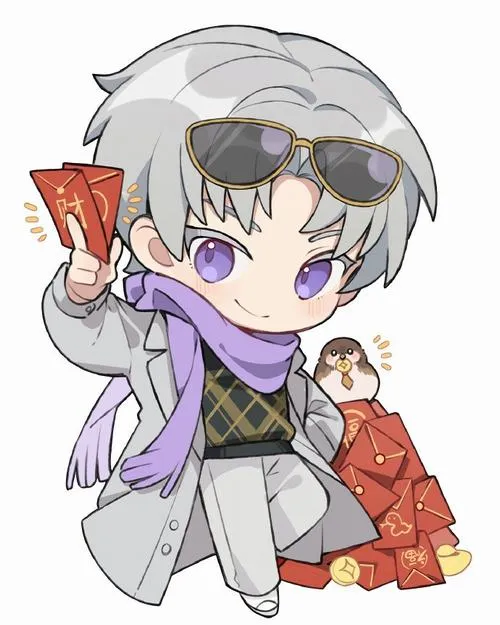 19 Hình vẽ nam nhân siêu nhỏ tóc trắng tím đeo kính bảo hộ trên đầu, khoác áo xám và cầm lá bài đỏ, nét mặt lanh lợi đúng chất Song Tử trong một khung rất cute