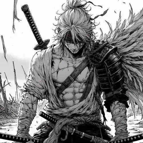 9 Tranh anime trắng đen dựng chân dung chiến binh tóc rối ngồi chồm thấp với hai thanh kiếm sau lưng, chi tiết trang phục dày và tương phản mạnh khiến tổng thể vừa ngầu vừa dữ dội theo kiểu shounen rất đã mắt