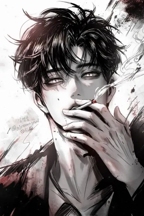 12 Chàng trai tóc rối trong anime đơn sắc ngậm thuốc và chạm tay lên môi, sắc xám loang quanh gò má giúp thần thái hiện lên ngầu bụi còn cảm xúc lửng lơ giữa mệt mỏi và bất cần làm bức ảnh rất điện ảnh