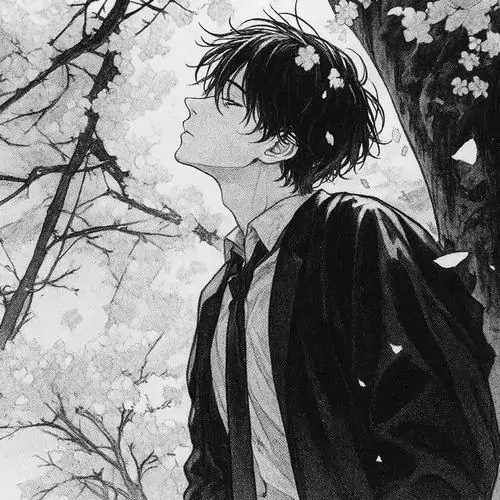 13 Hình anime trắng đen ghi khoảnh khắc nam sinh ngước mặt dưới cành cây trụi lá, nền cảnh mờ và vibe truyện tranh đen trắng khiến khung hình toát ra cảm giác hoài niệm, nhẹ buồn nhưng vẫn đẹp theo kiểu dễ thương trầm