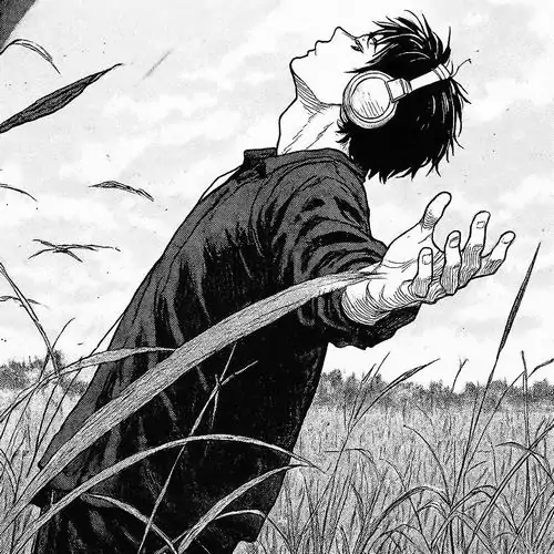 14 Giữa đồng cỏ lộng gió, nhân vật trong ảnh anime trắng đen dang tay nhìn lên trời với mái tóc tung mạnh, góc máy nghiêng và chuyển độ mềm giúp bức hình vừa tự do vừa sâu lắng như một cảnh giải thoát nội tâm