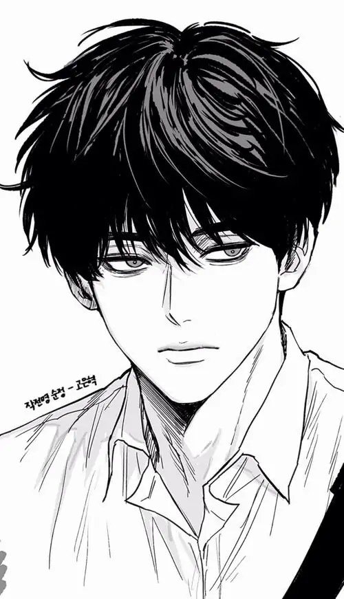 15 Avatar manga đơn sắc khắc họa chàng trai tóc đen cúi nhẹ đầu trong áo sơ mi sáng, ánh mắt nhân vật mờ lạnh và kiểu tạo hình nhân vật tối giản khiến tổng thể trông điềm tĩnh, đẹp trai và hợp gu người thích sự tinh tế