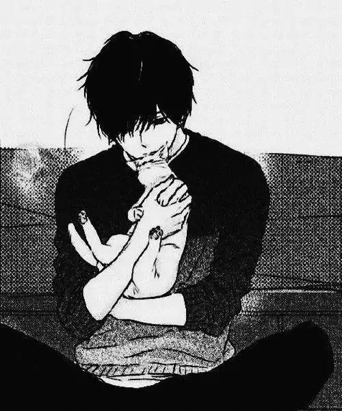 18 Nam sinh mặc đồ tối ngồi ôm chú mèo trắng trong tranh anime trắng đen, khoảng sáng nhỏ trên con vật làm dịu toàn bộ khung hình khiến vẻ cô độc chuyển thành ấm áp, cute và gần gũi hơn hẳn