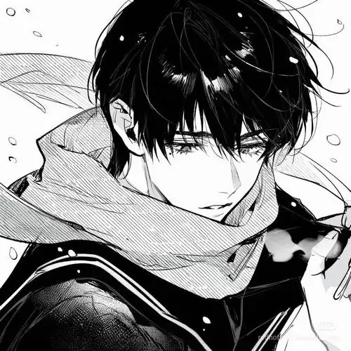 19 Tranh manga đen trắng ghi lại chàng trai quấn khăn cúi mắt giữa nền tuyết mờ, mái tóc đen rối và độ tương phản nhẹ tạo nên khí chất lạnh, ngầu nhưng vẫn có nét dễ thương của một nhân vật kín tiếng