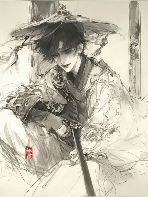 21 Ảnh anime trắng đen ghi chàng kiếm sĩ trẻ đứng giữa sân ga vắng, thanh katana đặt dọc thân người và bóng đổ cắt nửa gương mặt tạo cảm giác ngầu lạnh, kịch tính, rất hợp người mê không khí điện ảnh manga