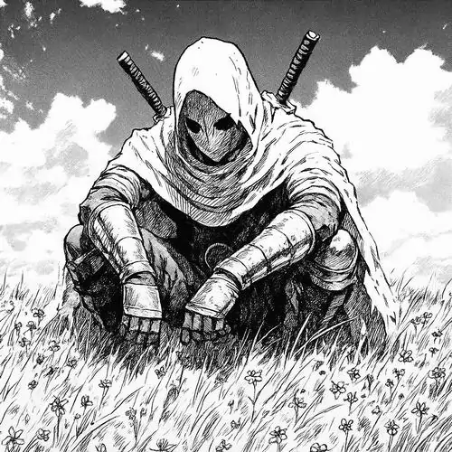 3 Hình nền anime đơn sắc khắc họa kiếm sĩ trùm áo choàng ngồi giữa bãi cỏ, bố cục khung hình mở rộng với nền cảnh thoáng sáng làm nổi bật vẻ bí ẩn, ngầu và chất phiêu lãng của một lữ khách