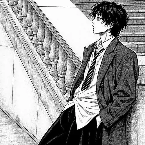 5 Avatar anime trắng đen ghi lại nam nhân mặc vest tựa bên cầu thang đá, đường viền áo sắc gọn kết hợp không khí cảm xúc trầm lạnh khiến hình ảnh mang vẻ lịch lãm, ngầu và rất hợp cho người thích chất tối giản