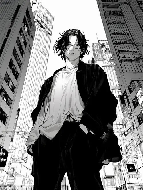 6 Giữa hai tòa nhà cao, chàng trai trong ảnh anime đen trắng đứng thả lỏng tay túi quần, góc nhìn thấp làm chủ thể nổi bật hơn còn chất manga kéo theo vẻ ngầu đường phố pha chút bất cần rất hút mắt