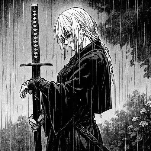 7 Ảnh manga đơn sắc mô tả kiếm sĩ tóc sáng đứng dưới mưa, đổ bóng sâu quanh mắt và ánh mắt nhân vật hạ thấp tạo nên cảm giác buồn lạnh, cô độc nhưng vẫn cứng cỏi như vừa bước ra từ một hồi tưởng nặng tâm lý