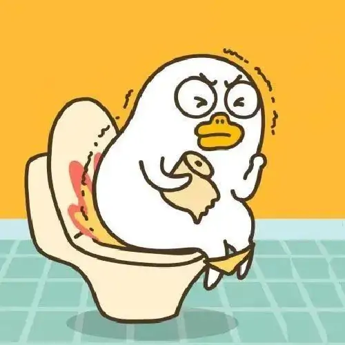 46 Chú chim nhỏ ngồi trên bồn cầu giữa nền vàng, đôi mắt trợn và tư thế co chân làm khoảnh khắc vốn riêng tư bỗng thành màn biểu diễn ngang nhiên, kiểu hình này gây cười vì sự bình thản rất vô lý