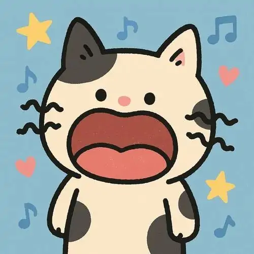 47 Ảnh profile mèo hoạt hình há miệng thật lớn giữa các nốt nhạc bay quanh, tai dựng và mắt mở căng khiến âm lượng như sắp xuyên khỏi khung hình, đúng gu người mê không khí náo loạn nhưng vẫn xinh xắn