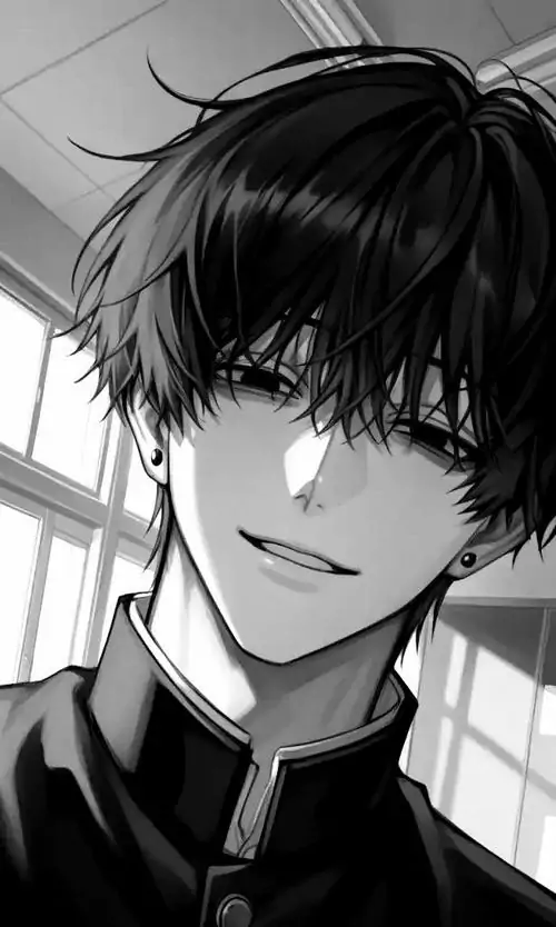 42 Hình anime đơn sắc ghi cận cảnh nam ca sĩ cầm micro sau cánh gà, tóc ướt mồ hôi bết nhẹ trên trán còn mắt nhìn thấp tạo nên vẻ ngầu, căng và rất giàu cảm xúc trước giờ diễn