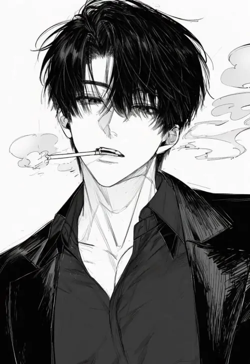 32 Ảnh anime đen trắng mô tả nam nhân mặc vest cầm ô dưới đèn phố khuya, giọt mưa dày phủ quanh vai áo và biểu cảm gương mặt điềm tĩnh khiến hình ảnh mang vẻ lịch lãm, cô độc, chuẩn chất seinen