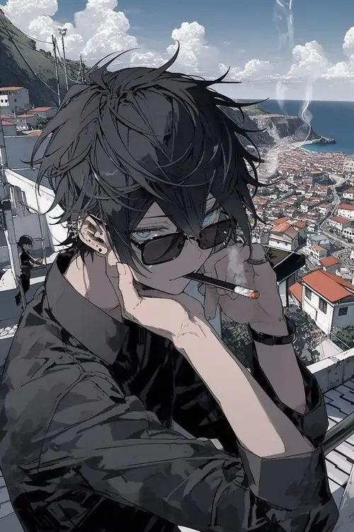 11 Bức tranh nam thần hoạt hình đeo kính trí thức đang chống cằm nhìn xa xăm giữa bối cảnh thành phố hiện đại mờ ảo mang lại vẻ đẹp bí ẩn và chiều sâu tâm lý cực kỳ lôi cuốn cho mọi ánh nhìn khó cưỡng.