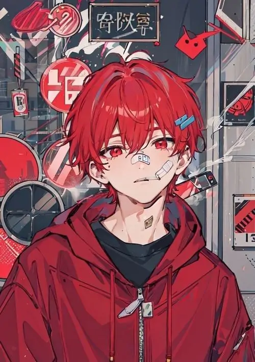 13 Ảnh anime nhân vật nam phong cách đường phố diện chiếc áo hoodie đỏ rực rỡ giữa khung cảnh đô thị tấp nập thể hiện rõ nét tính cách mạnh mẽ và tinh thần chiến binh đồ họa đầy phá cách và vô cùng ngầu.