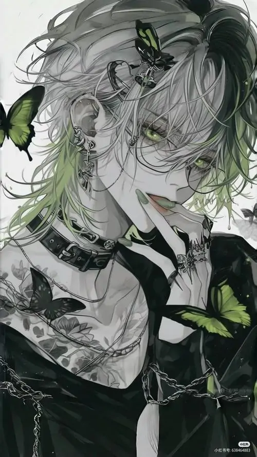 1 Ảnh anime khắc họa nhân vật nam sở hữu mái tóc xanh trắng độc lạ cùng các họa tiết bướm đen tạo nên một thần thái lạnh lùng và đầy bí ẩn trong bộ truyện tranh Nhật Bản đầy lôi cuốn này.