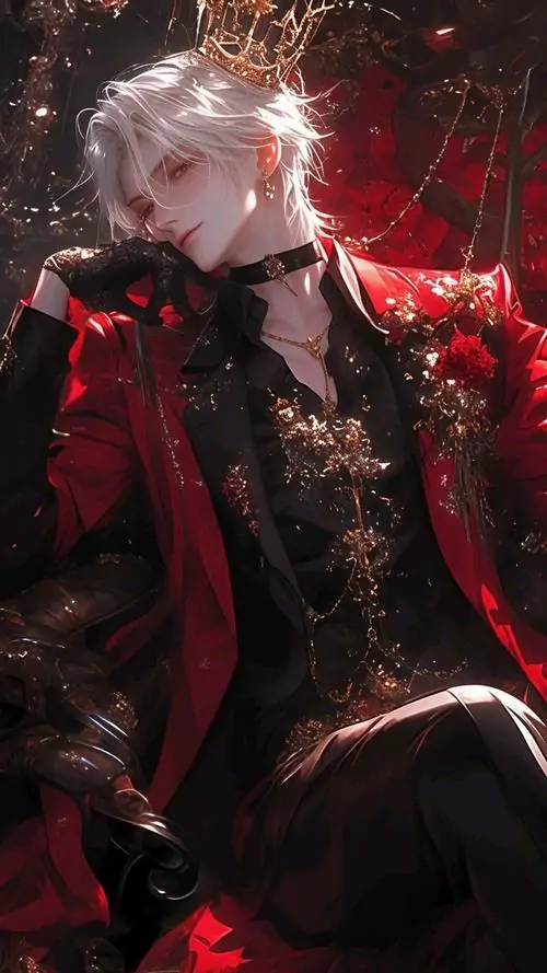 23 Bức tranh nhân vật nam phong cách hoàng gia diện bộ đồ đỏ rực rỡ cùng chiếc vương miện nhỏ trên đầu tạo nên vẻ đẹp bí ẩn và khí chất áp đảo của một vị vua trẻ trong thế giới hoạt họa đầy ngầu.