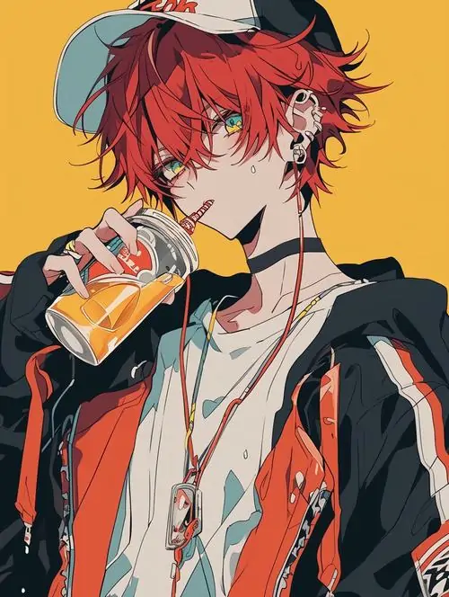 24 Nam thần truyện tranh mái tóc đỏ rực rỡ đang cầm ly nước cam giữa bối cảnh màu sắc tươi sáng mang lại một vẻ ngoài bụi bặm nhưng vẫn đầy sức cuốn hút từ ánh nhìn sắc lẹm và cá tính rất lạnh lùng.