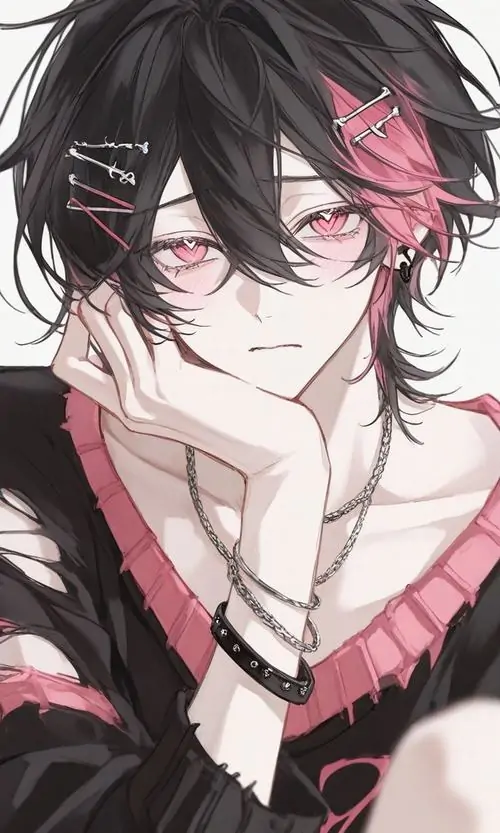 27 Hình nền tuyệt đẹp về nam thần hoạt hình có mái tóc đen pha chút hồng đang chống cằm với đôi mắt buồn man mác thể hiện sâu sắc chiều sâu tâm lý và vẻ đẹp bí ẩn của nhân vật nam rất cá tính.