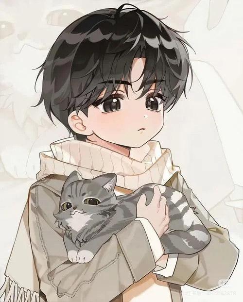 9 Ảnh wallpaper cậu bé tóc đen ôm chú mèo xám trước ngực, áo len màu be và ánh nhìn dịu khiến tranh vẽ cậu bé tí hon mang cảm giác ấm như ảnh mùa lạnh