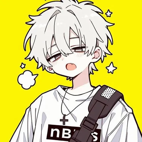 10 Chàng trai mini tóc trắng đứng trước nền vàng rực, áo trắng rộng phối dây đeo nâu chéo ngực làm tổng thể bật sáng, hợp kiểu ảnh đại diện trai đẹp mini bản HD