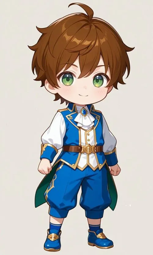 11 Ảnh nền đt Iphone nhân vật chibi nam tóc nâu mặc đồ xanh viền vàng như trang phục game, đứng thẳng với gương mặt tròn và đôi mắt biếc tạo cảm giác lanh lợi