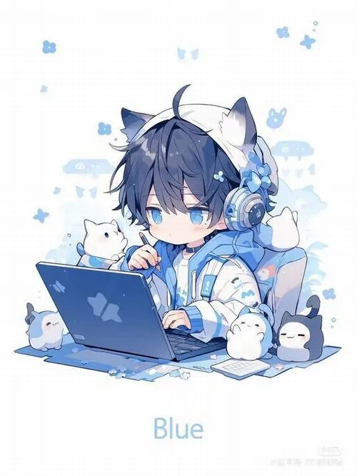 14 Nhân vật hoạt họa nhí tóc xanh ngồi bên laptop xanh lam, xung quanh là hiệu ứng băng tuyết và bọt nước khiến khung tranh có cảm giác mát mắt như ảnh nền Ultra HD