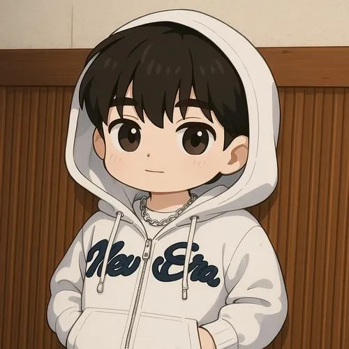 17 Ảnh nền cute chibi nam đội hoodie màu kem đứng sát nền gỗ, ánh mắt tròn và dáng khép tay trước bụng làm khung hình giống một khoảnh khắc đời thường rất ngoan