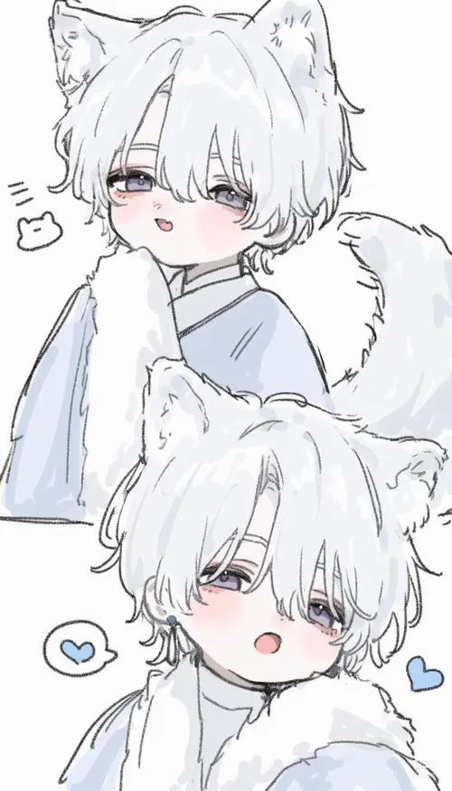 1 Hình nền cậu bé chibi tóc trắng đội mũ tai mèo nép trong áo rộng màu kem, góc vẽ mềm như phác tay khiến ảnh chibi nam đẹp trông hiền và rất cute