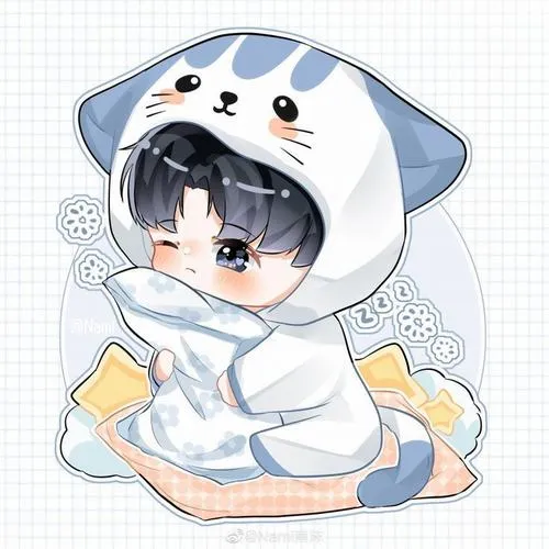 19 Hình nền lockscreen chàng trai nhỏ bé tóc xanh ngồi co chân trong bộ đồ thú xanh trắng, chăn quấn quanh người và nền nhạt làm tổng thể trông êm như ảnh ngủ trưa