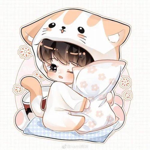 20 Nhân vật chibi đội bộ đồ mèo màu kem cam ngồi gọn trên đệm mềm, đôi mắt nâu nhìn lên nhẹ nhàng khiến khung hình mang vẻ ngọt và rất hợp làm ảnh nền đt